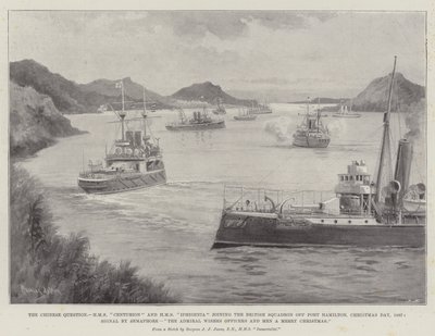 La questione cinese, HMS Centurion e HMS Iphigenia si uniscono allo squadrone britannico al largo di Port Hamilton, giorno di Natale, 1897, segnale con semaforo, l